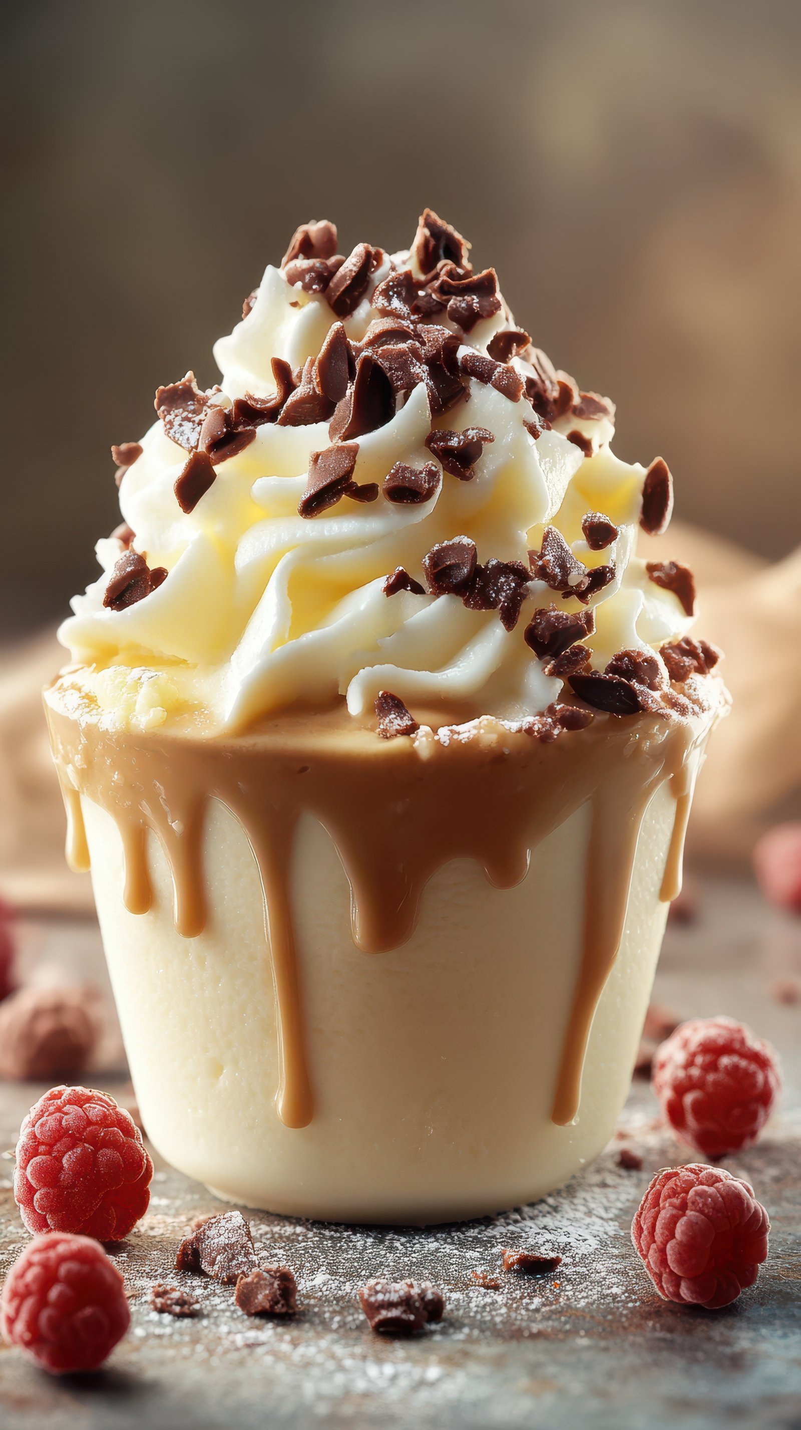 Delicious dessert topped with whipped cream, chocolate shavings, and raspberry on a rustic table
